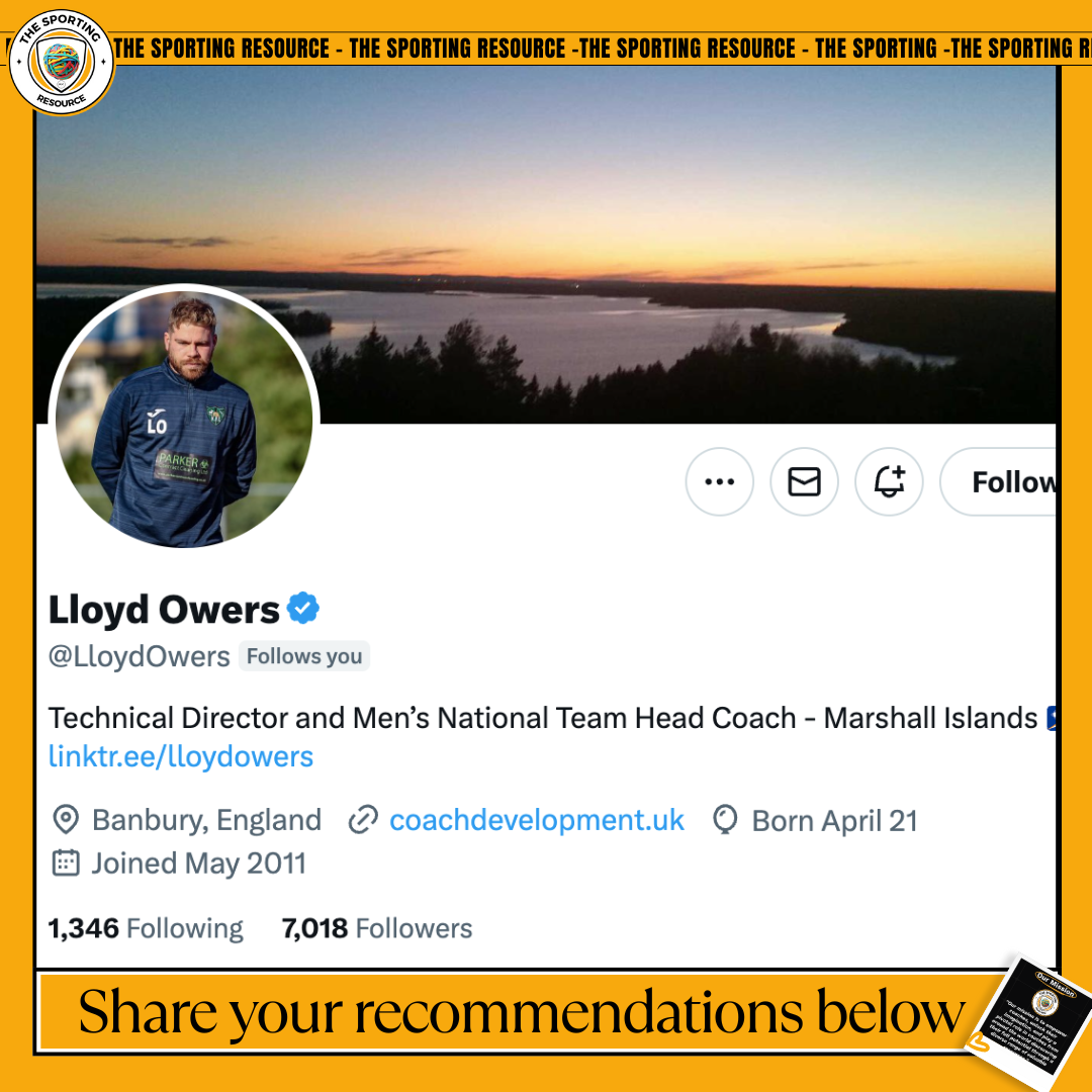 Twitter profile page of Lloyd Owers, a man in a blue sports jacket, with a background of a sunset over a river landscape, header banner reading 'The Sporting Resource' repeatedly, and a message at the bottom saying 'Share your recommendations below' in black text on an orange background.