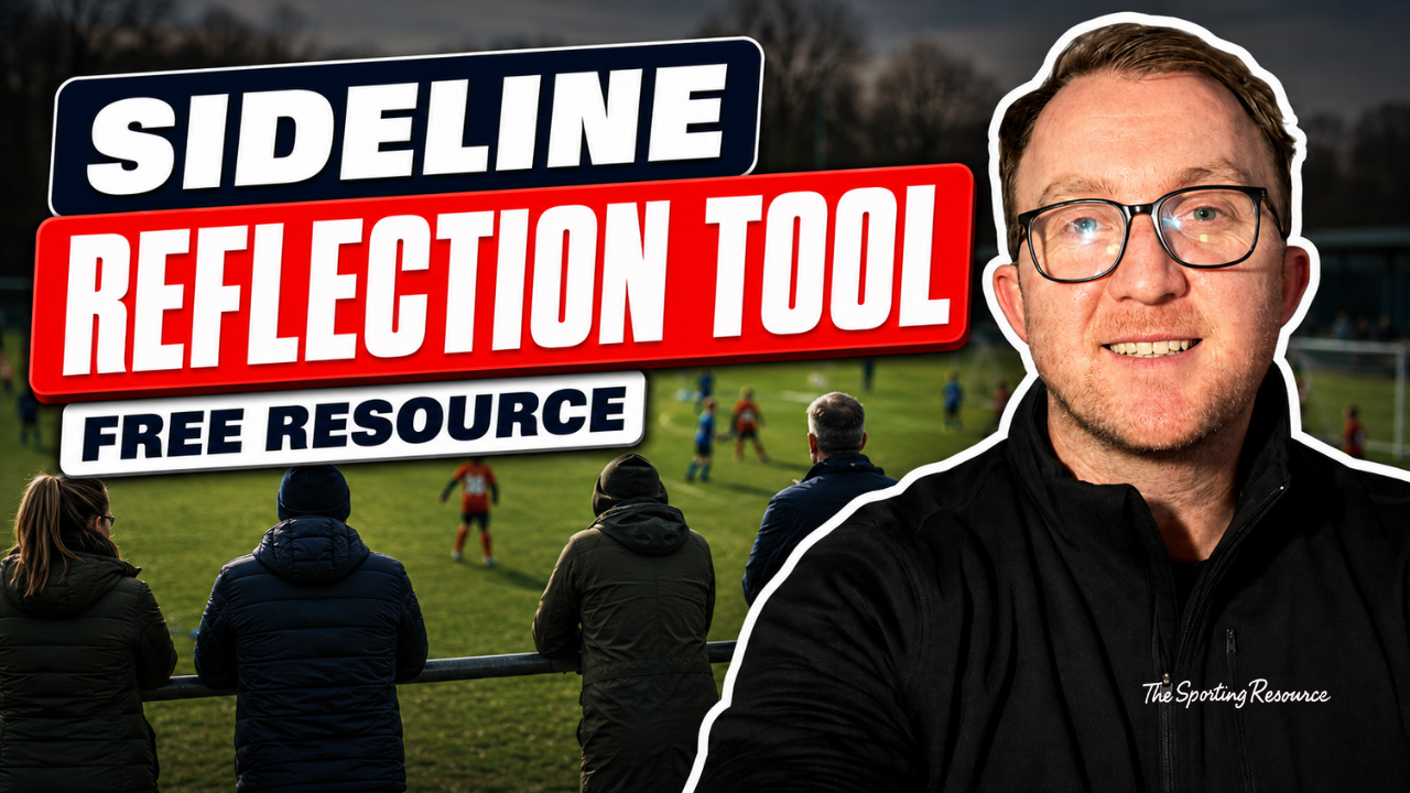 A man with glasses and a black jacket smiles in the foreground, with a sports field and spectators in the background. The image promotes a free resource about a sideline reflection tool for sports.