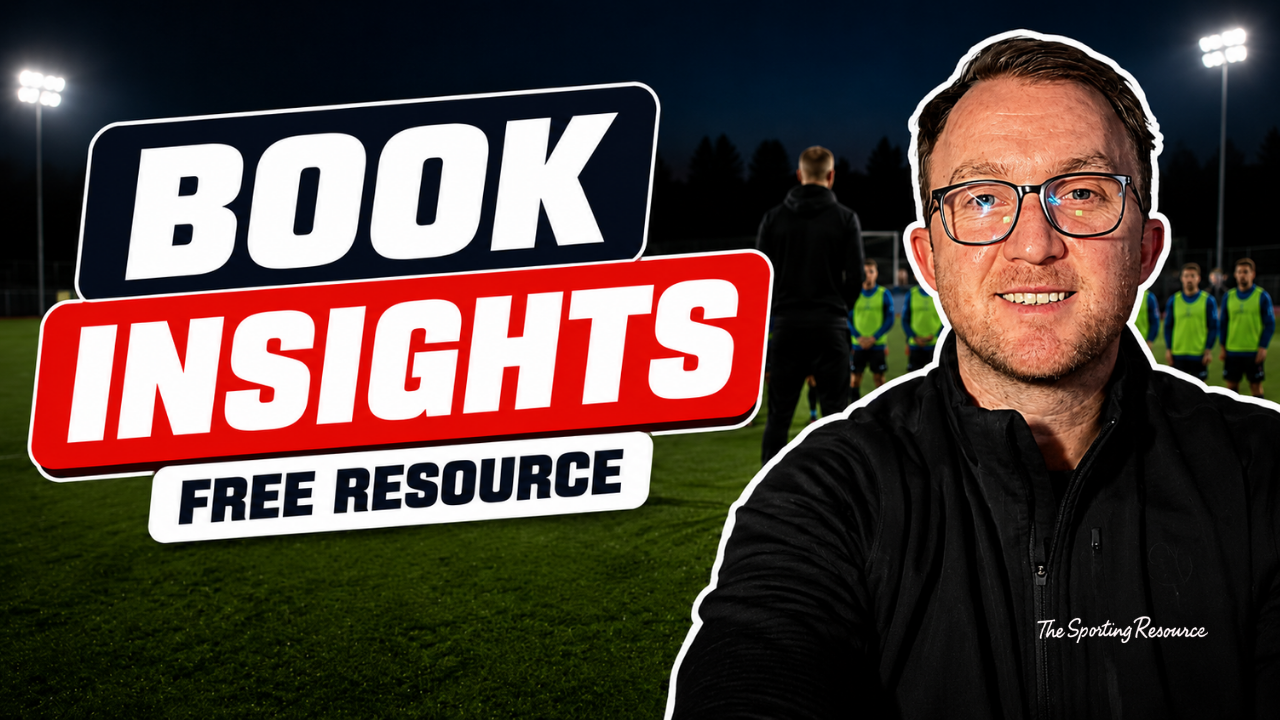 A man wearing glasses and a black jacket taking a selfie on a football field at night. In the background, a coach and young players in green vests are gathered, with bright stadium lights overhead. The image contains text that says 'Book Insights' and 'Free Resource'.