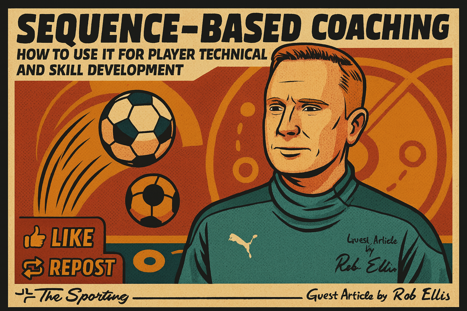 Retro-style illustrated cover featuring a man in sports attire, with a Puma logo, and soccer balls. The title reads 'Sequence-Based Coaching' with a subtitle about using it for player technical and skill development. There are social media icons for like and repost, and a note indicating the guest article by Rob Ellis.