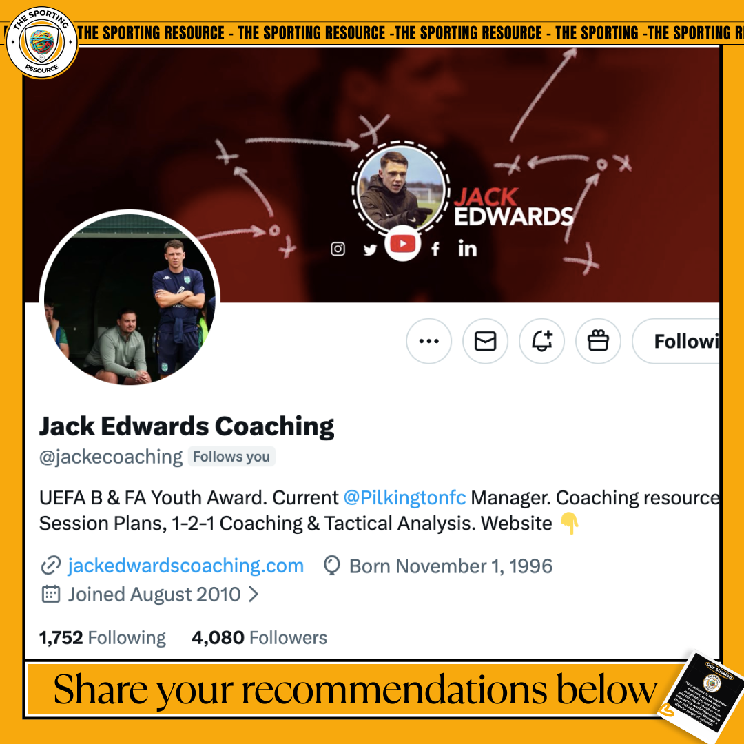 Social media profile page for Jack Edwards Coaching featuring a banner with a strategy diagram, profile picture of Jack Edwards in a coaching or sports environment, and a yellow banner at the bottom with the text 'Share your recommendations below.'