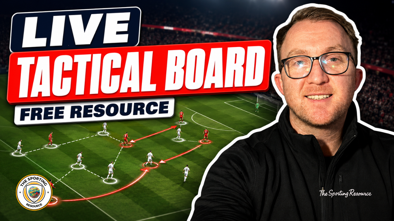 Thumbnail for a video about tactical sports strategies featuring a man with glasses on a football field diagram with marked player movements, and text that says 'Live Tactical Board Free Resource'.