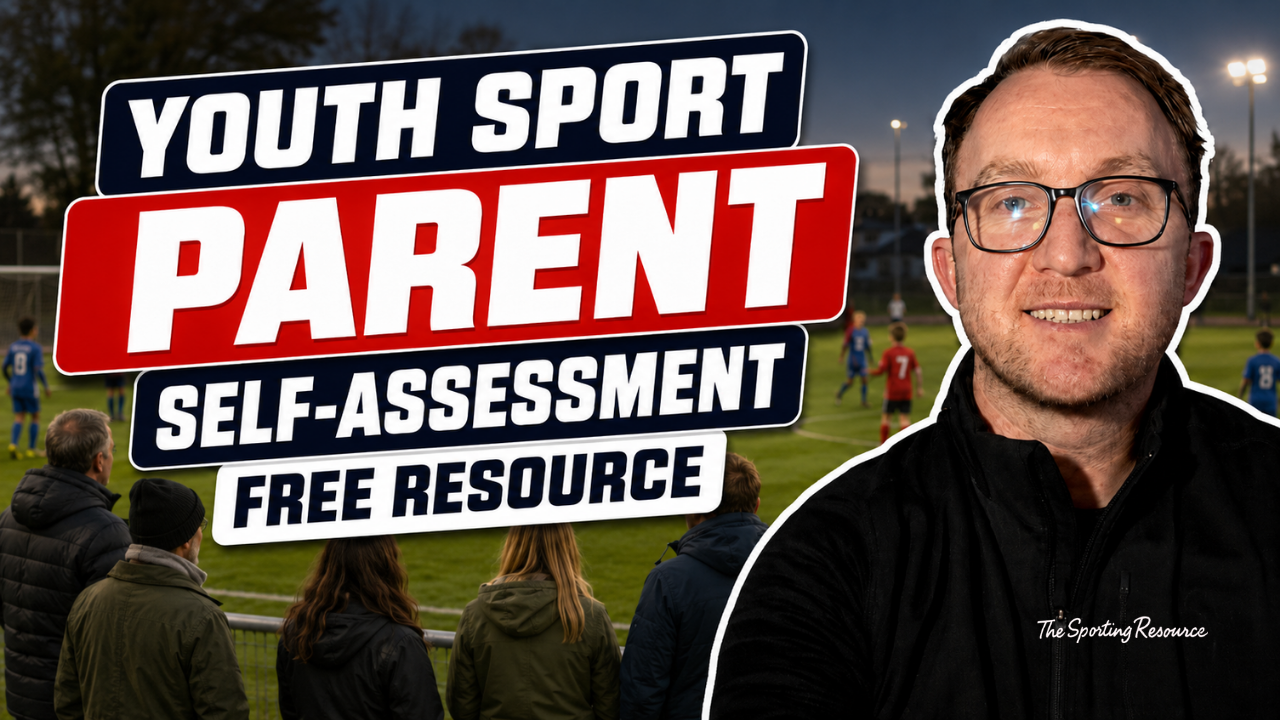 A promotional image for a youth sports parent self-assessment resource shows a large text overlay with the words "YOUTH SPORT PARENT SELF-ASSESSMENT FREE RESOURCE". The background features a soccer game with children playing on a field and several spectators watching. A man with glasses, short hair, and a black jacket is on the right, smiling at the camera.