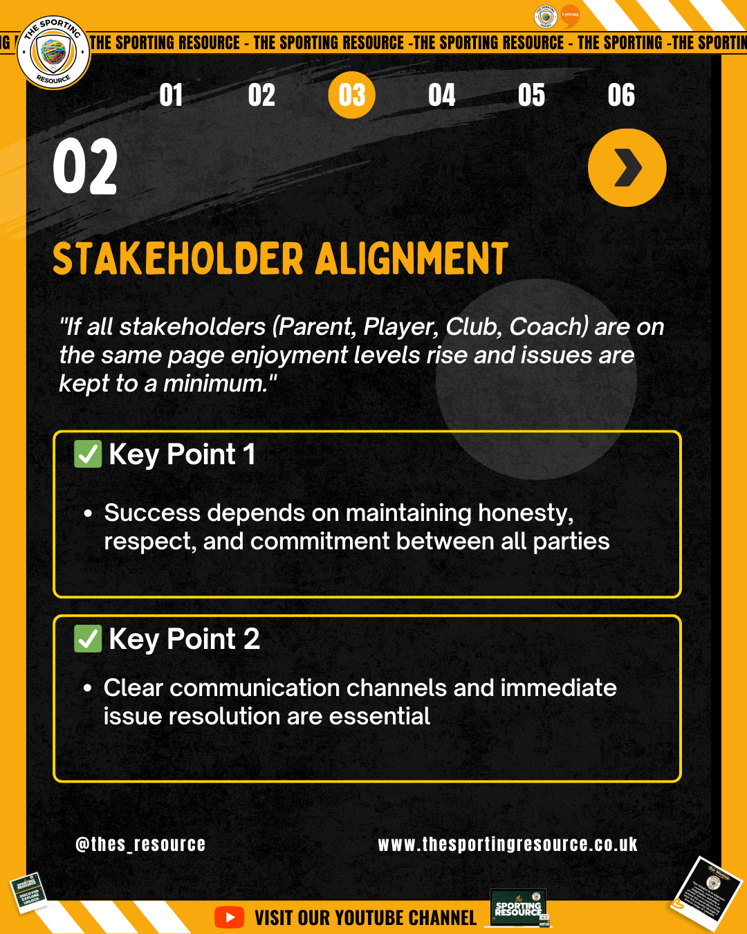 A digital infographic titled "Stakeholder Alignment" with key points about maintaining honesty, respect, communication, and issue resolution in sports organizations, featuring a dark background, orange accents, and the logo of The Sporting Resource.