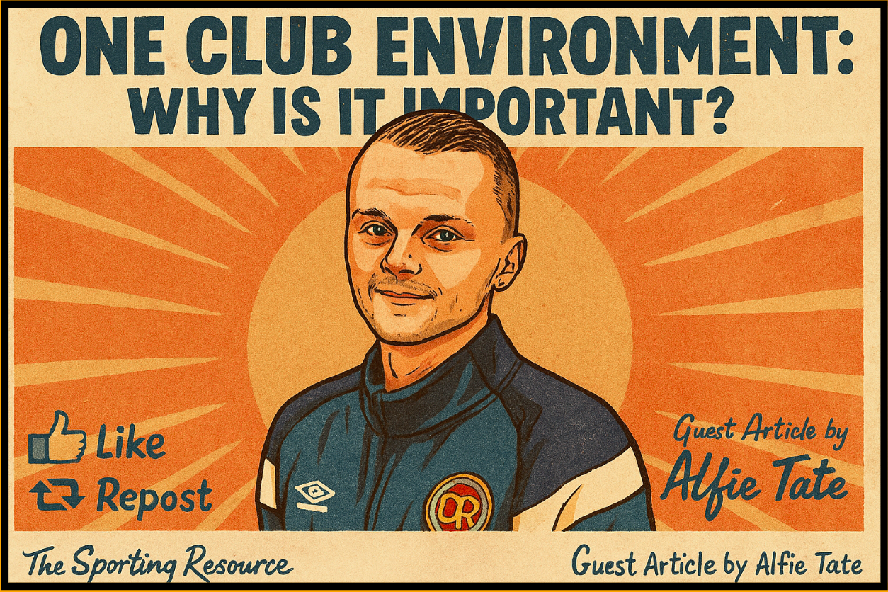Illustration of a man wearing a sports jacket with a logo. The background has a sunburst pattern in orange. The text reads 'One Club Environment: Why Is It Important?' The image also includes icons for 'Like' and 'Repost' with the credit 'Guest Article by Alfie Tate' and 'The Sporting Resource' at the bottom.