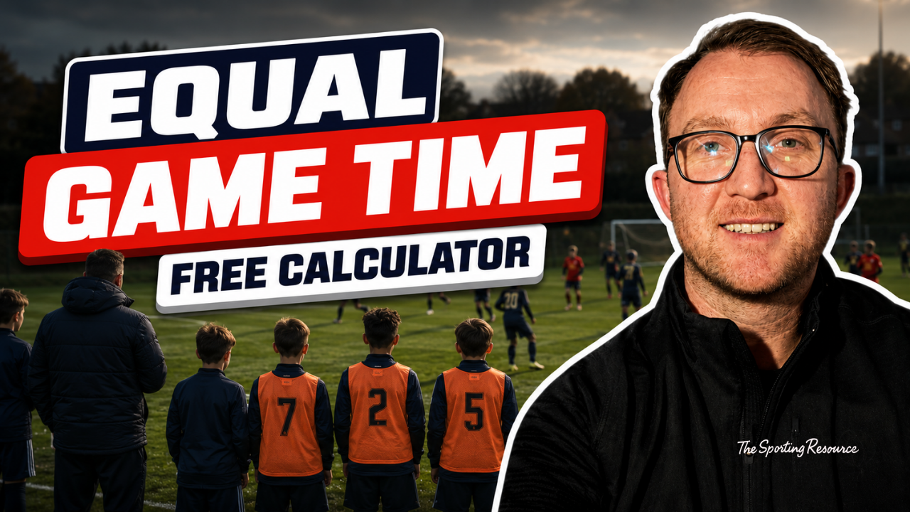 A man with glasses smiling in front of a soccer field, with children playing and a large sign that reads 'EQUAL GAME TIME FREE CALCULATOR'