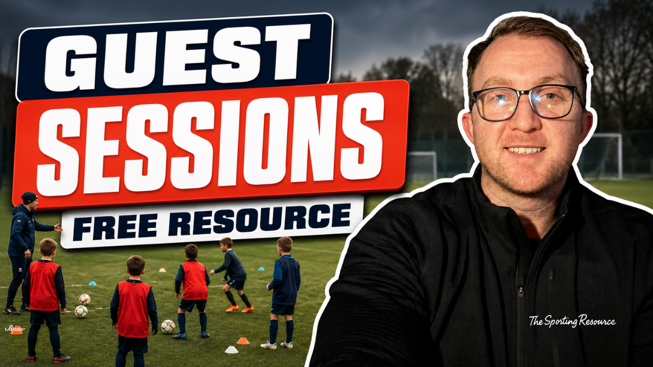 A promotional graphic for 'Guest Sessions' featuring a group of young boys in sports attire receiving coaching on a soccer field, with a smiling man wearing glasses and a black jacket. The background shows a cloudy sky and trees.