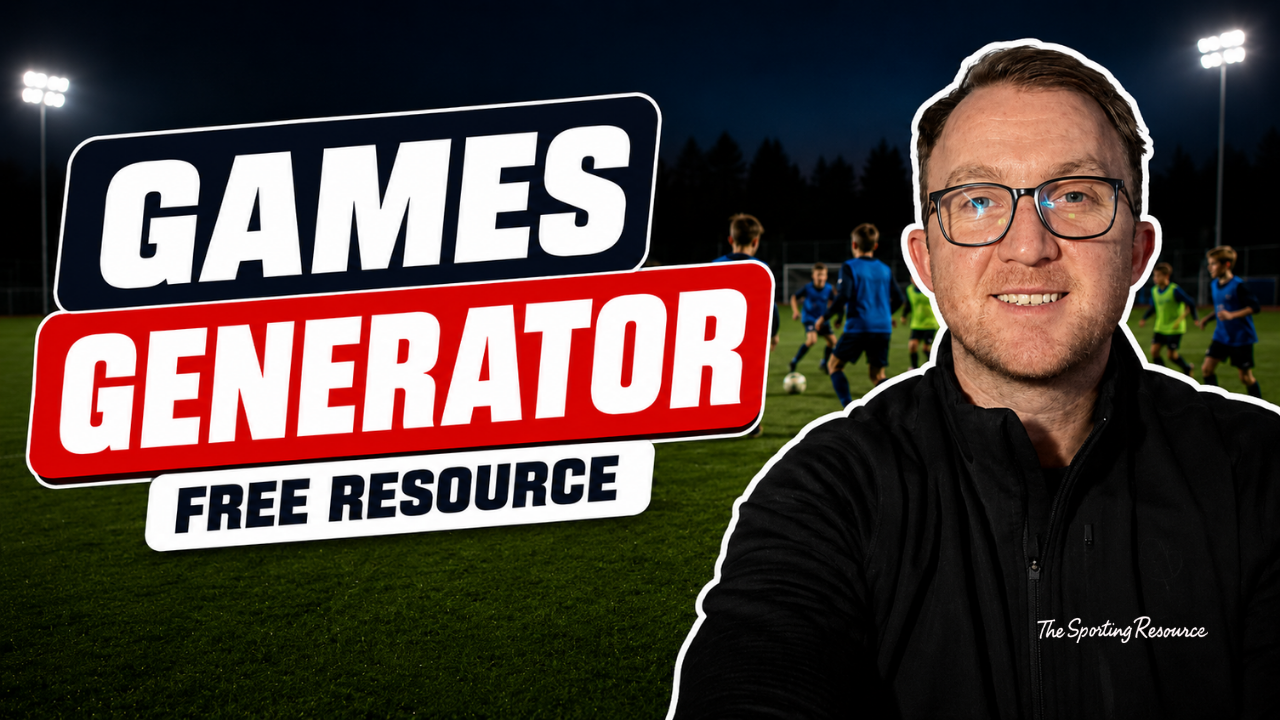 A man with glasses smiling in front of a night-time soccer field with children playing, overlaid with text reading 'Games Generator Free Resource'.