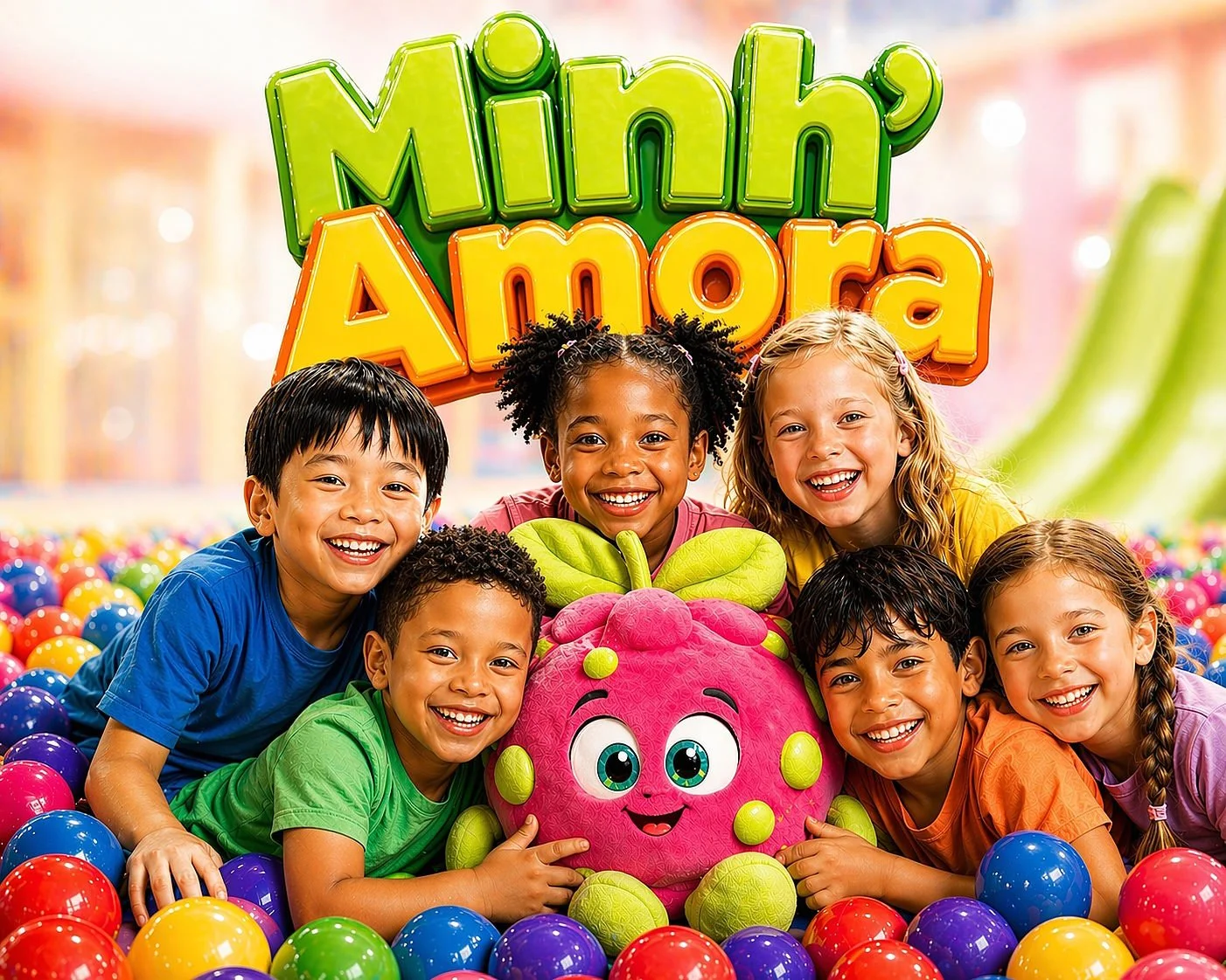 Ambiente alegre e seguro no Minh’Amora Fun Park no Porto, com crianças a brincar numa piscina de bolas e mascote em peluche durante uma festa de aniversário