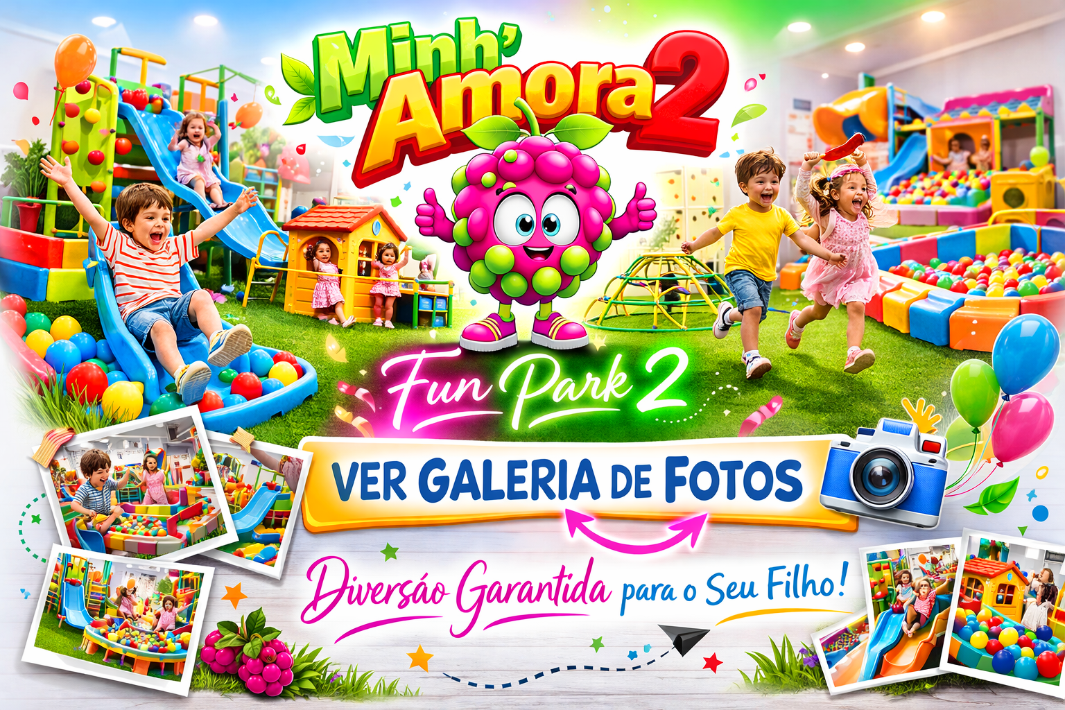 Banner promocional do Minh’Amora Fun Park 2 no Porto com espaço infantil colorido, piscina de bolas, escorregas e convite para ver a galeria de fotos do parque na Rua de Costa Cabral.