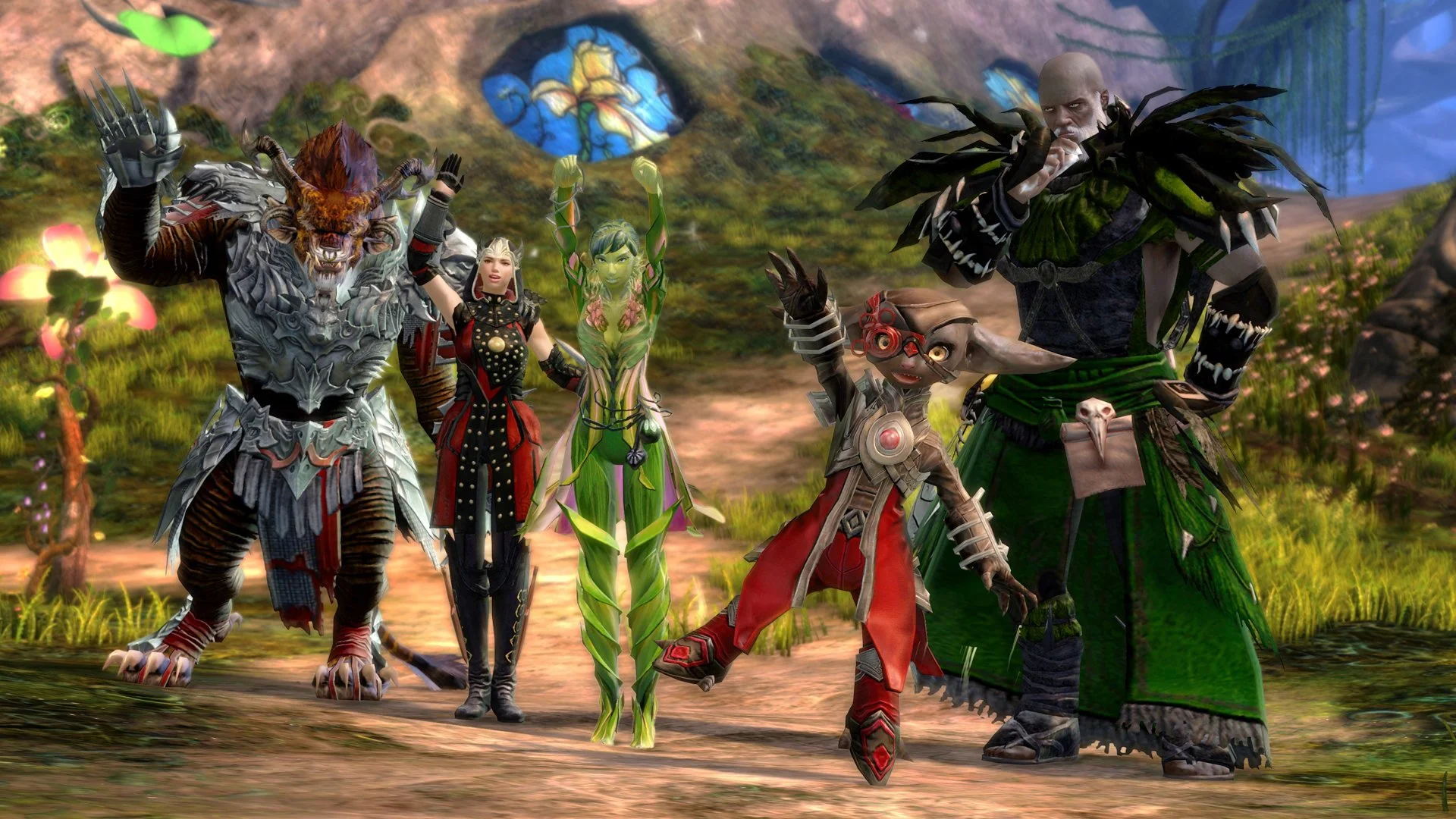 Five fantasy characters in a vibrant, lush forest background. From left to right: a large creature with a lion's head and armored body, a white-haired woman in a black and red dress, a green plant-like woman, a small goblin with a cybernetic eye and red clothing, and a tall burly man in green attire with black feathered shoulder armor.