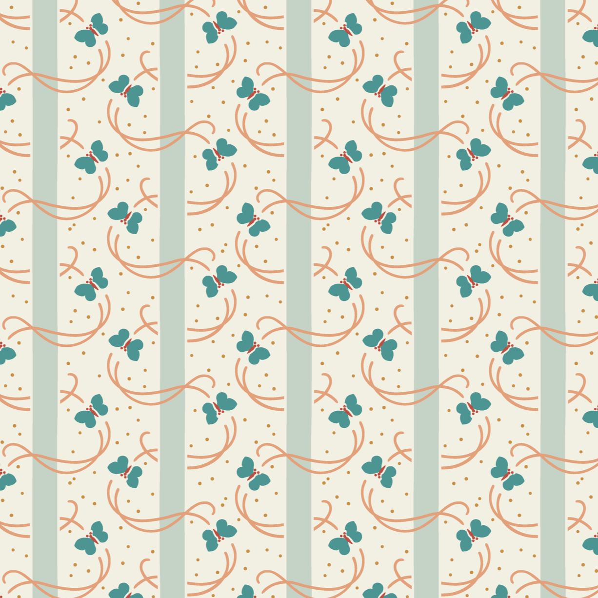 Morning Dew fabric collection, butterflies, stripes, weave, mid century , retro, vintage, charming illustrations, colorful, blues, greens, corals, reds, umber, flowers, bouquets, leaves.