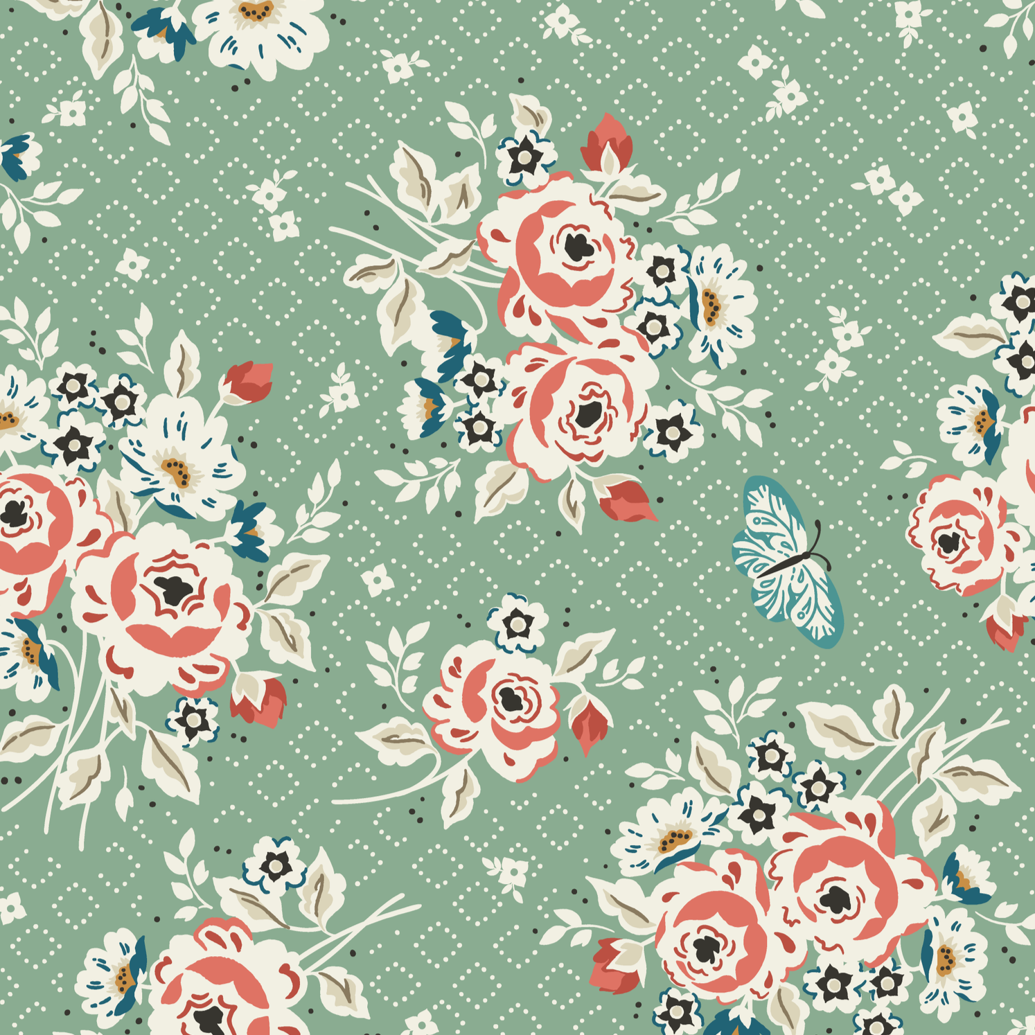 Morning Dew fabric collection, butterflies, stripes, weave, mid century , retro, vintage, charming illustrations, colorful, blues, greens, corals, reds, umber, flowers, bouquets, leaves.