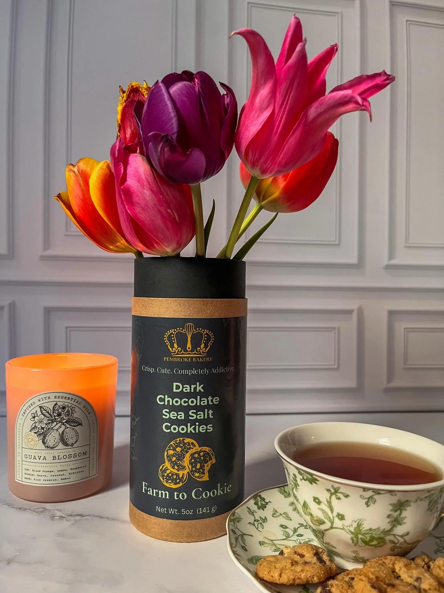 Our pretty little canisters are reusable and recyclable. They can hold your cookies, and when you're done, they can showcase a bouquet of spring flowers. We love a multitalented Queen! 

To turn your canister into a cute vase, place a ziplock bag ins