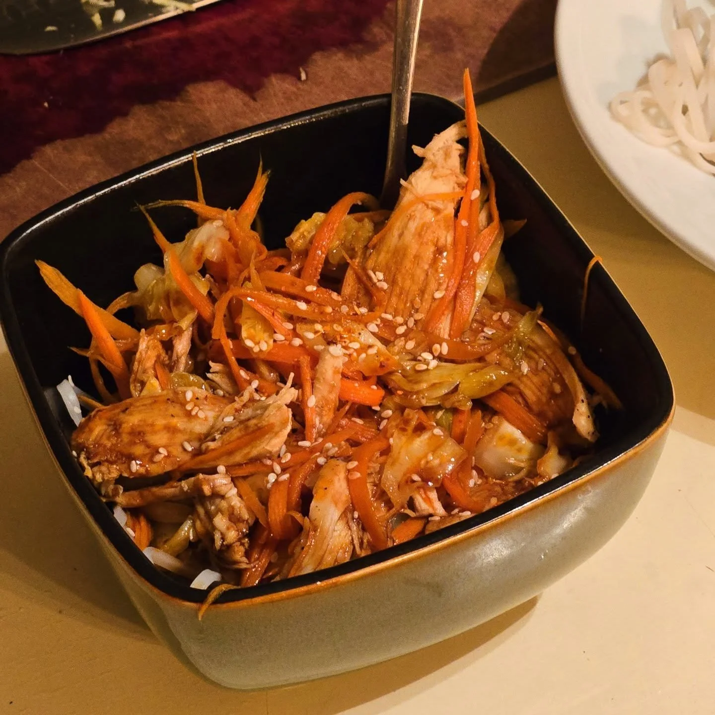 Rice noodle bowl with chicken, cabbage, and carrot kinpira. #cooking #joy #foodforthesoul