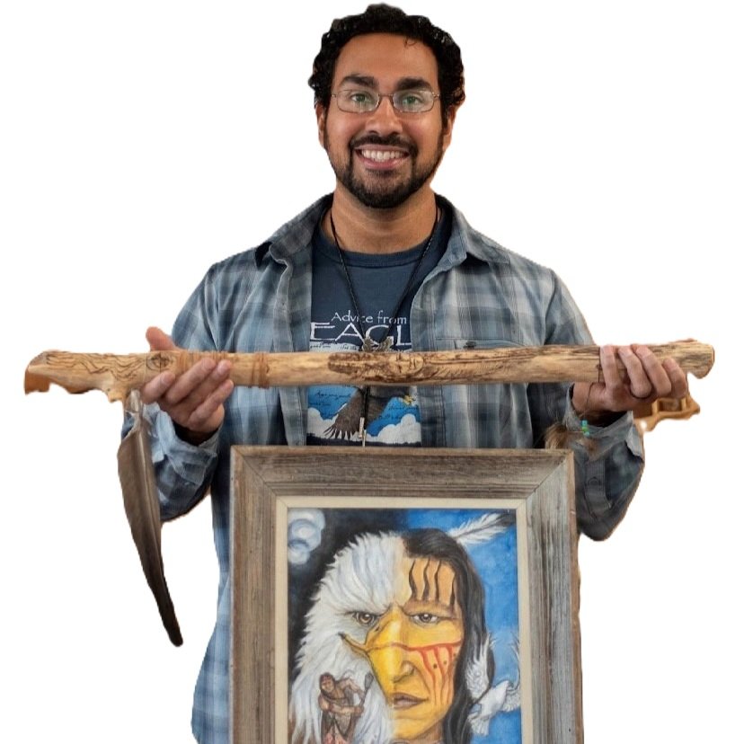 Tony Valderrama with a Native American talking stick for a Long Island art workshop