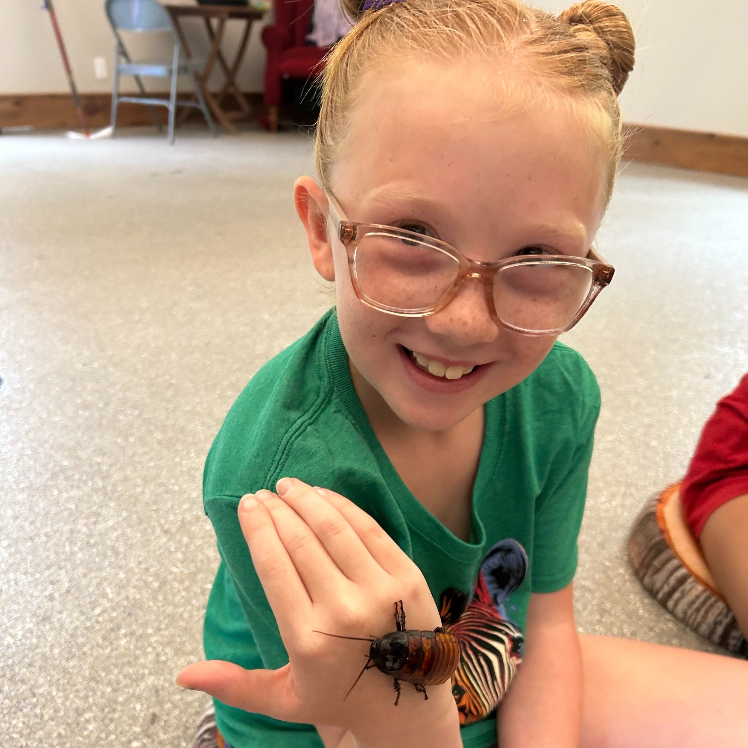 Long Island summer camp girl meets a Madagascar hissing cockroach at Long Island Game Farm in Manorville