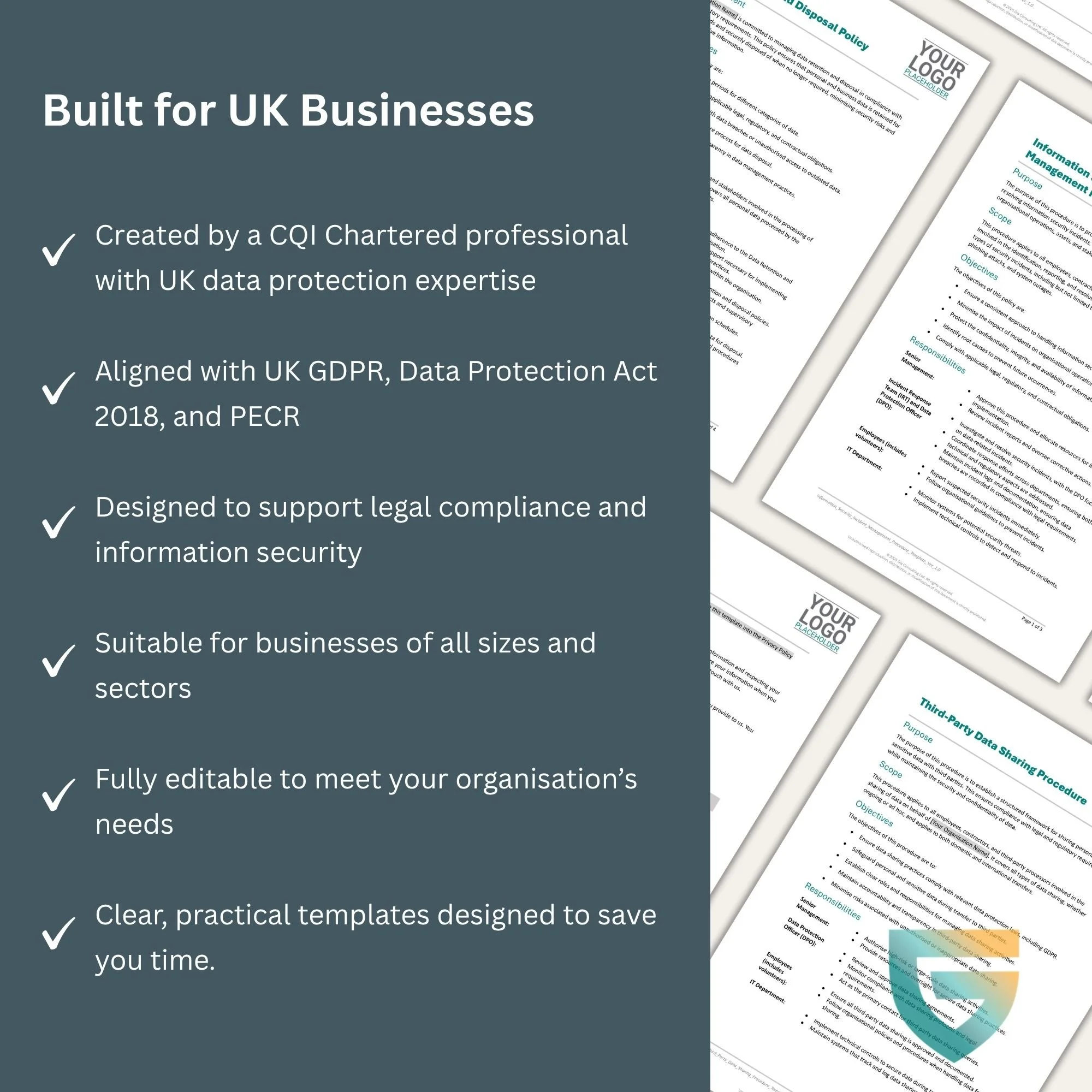 Built for UK businesses – GDPR, Data Protection Act, and PECR compliant templates
