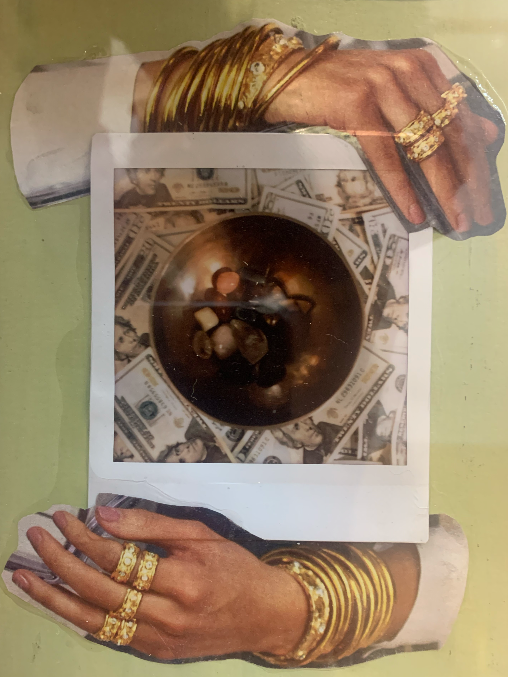 Collage of hands with gold jewelry, a bowl with stones, and dollar bills