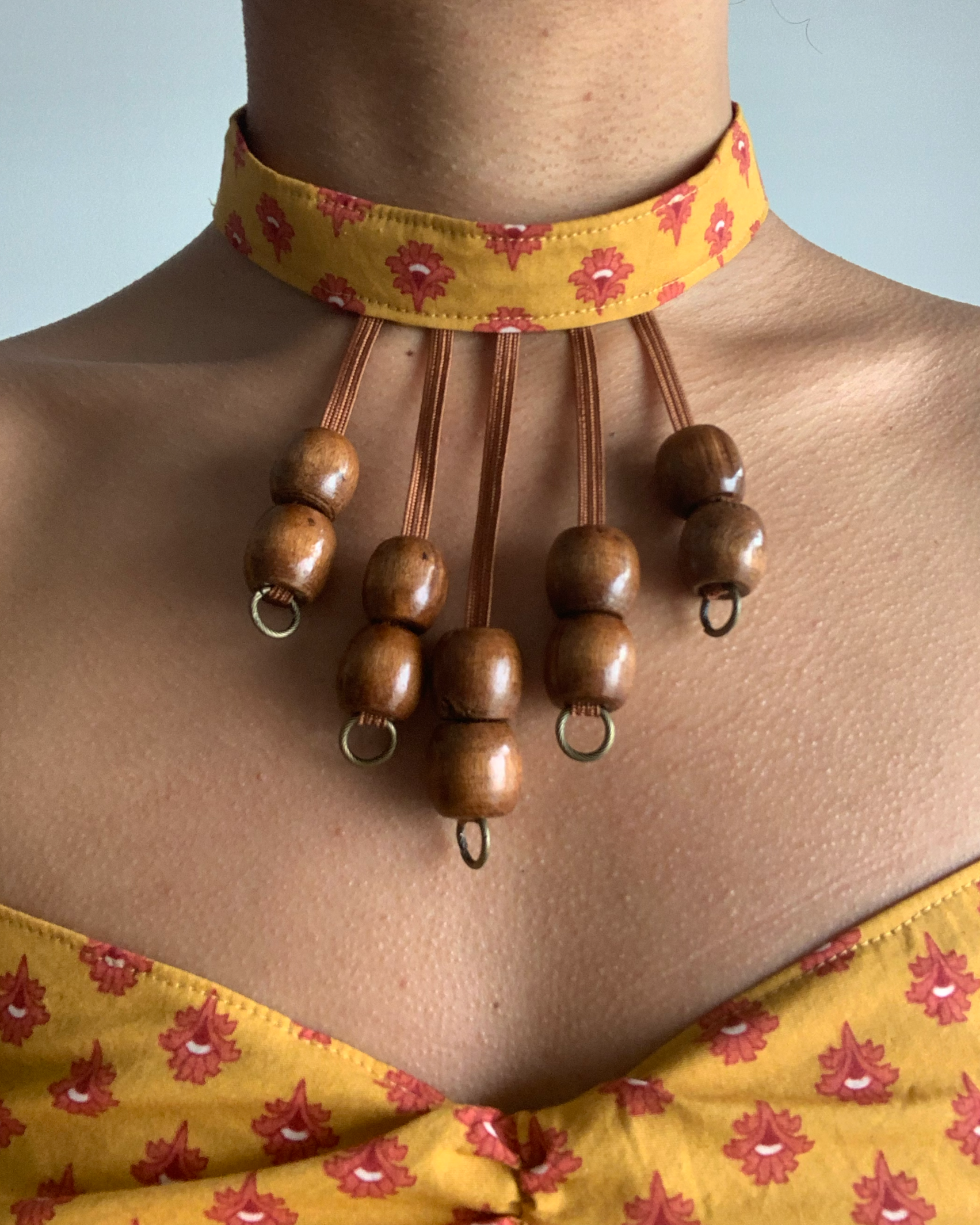 Organic Cotton Dead stock Fabric Choker: Turmeric Yellow / Wood Bead 
