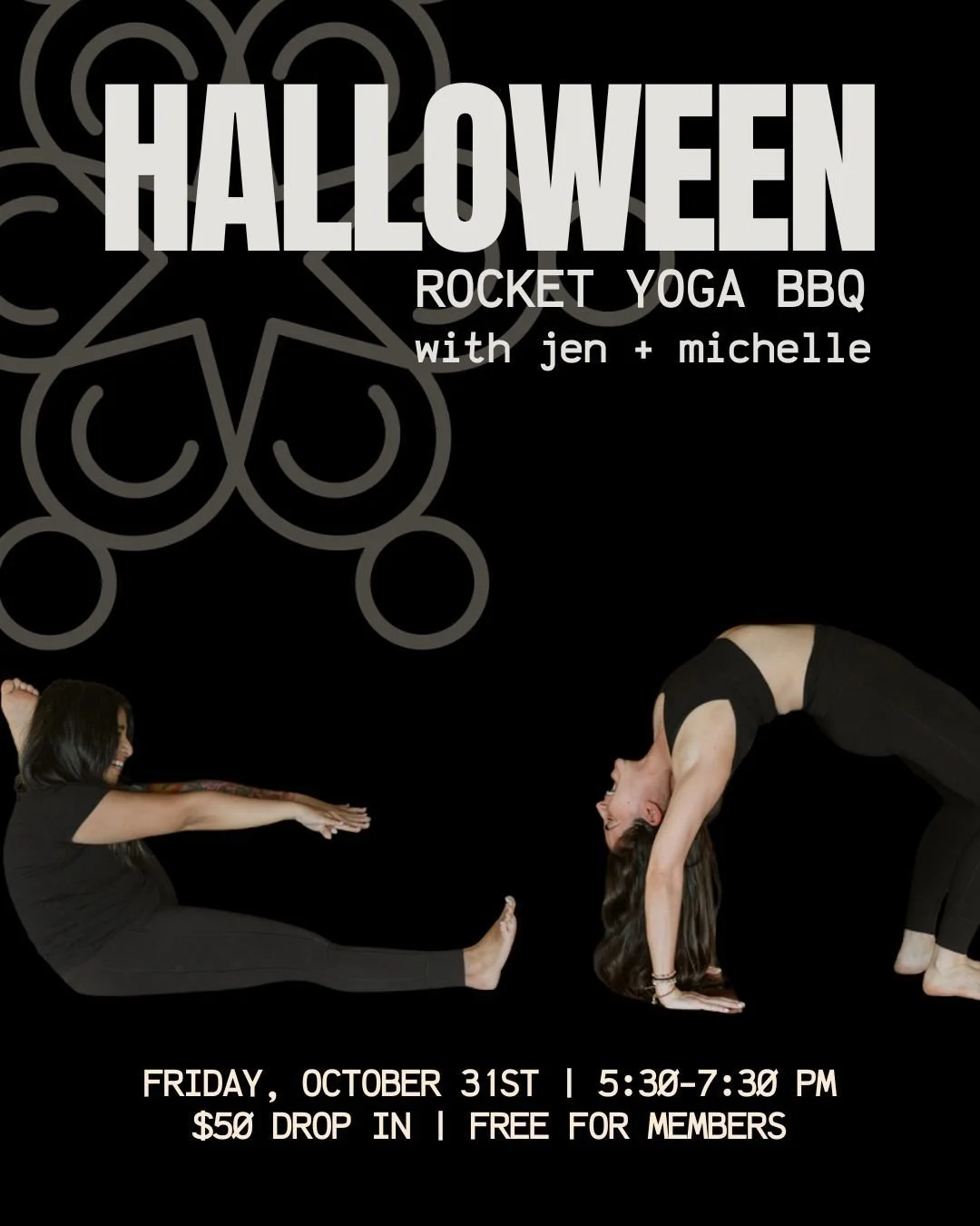 This Friday: Halloween Rocket Yoga BBQ! 🎃

After a week of steady practice, it&rsquo;s time to let loose.
Join Jen + Michelle this Friday, Oct 31st at 5:30 PM for a Rocket Yoga BBQ &mdash; a two-hour class that&rsquo;s equal parts strength, play, an