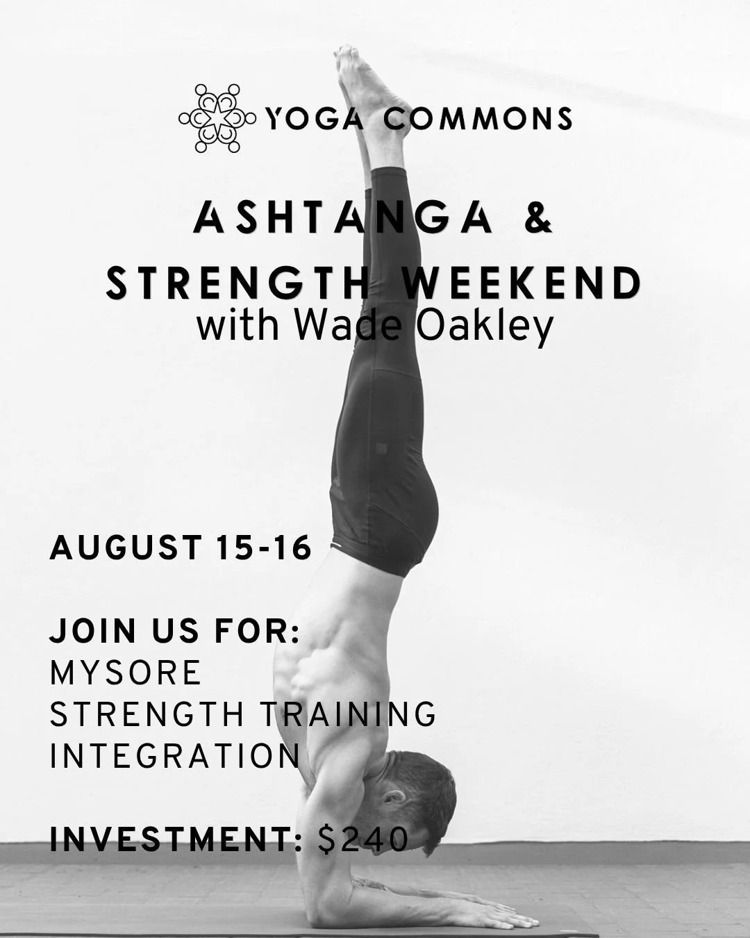 ✨ Mysore + Strength Training Weekend with Wade Oakley ✨

Join Wade Oakley for a weekend of traditional Mysore Ashtanga Yoga through the lens of softening through strength.

We&rsquo;ll begin each day with Mysore-style practice at Yoga Commons, then h