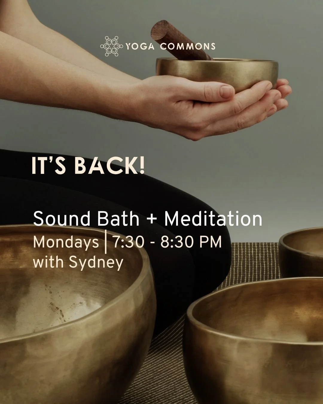 Sound Bath + Meditation is back on the schedule 💫

Monday evenings, 7:30&ndash;8:30pm
with Sydney @syndneyasis

You'll be guided through a meditation while crystal or Tibetan singing bowls resonate through the room, and through you. The vibrations a
