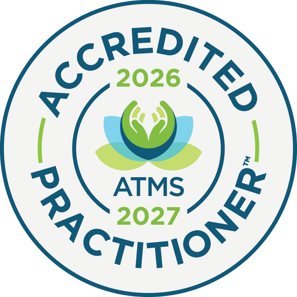 Accredited professional membership of the Australian Traditional Medicine Society (ATMS) for 2026-2027, featuring a stylized lotus flower in green and blue with two hands in the centre, surrounded by text indicating practitioner accreditation.