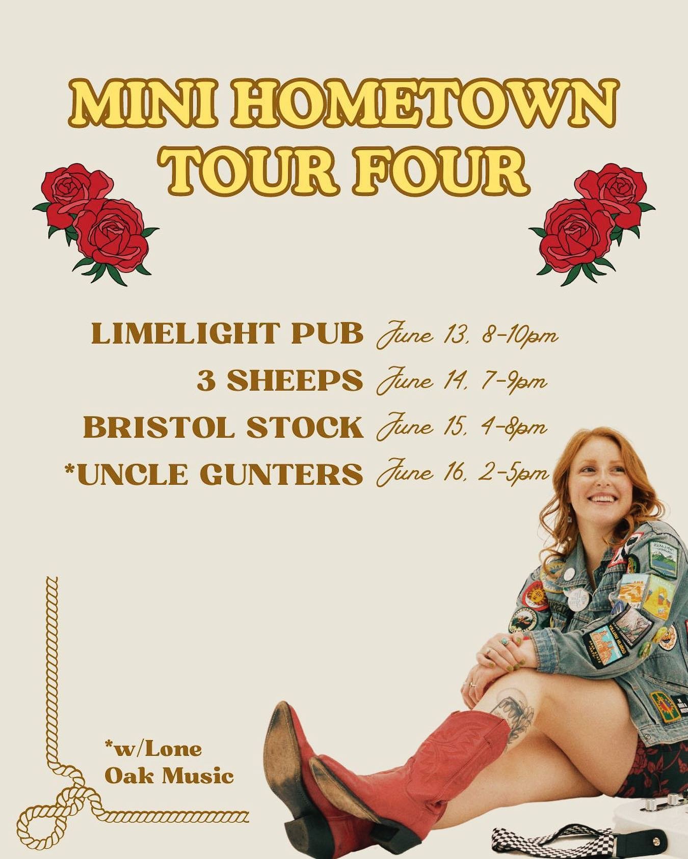 🌹MINI HOMETOWN TOUR DETAILS🌹 

Mark your calendars, folks. I&rsquo;m playing some new &amp; exciting places, and I hope to see lots of familiar faces! 

@limelight_pub 
@3sheepsbrewing 
Bristol Stock w/ @blakeandyeekeng 
Uncle Gunters w/ @loneoakmu