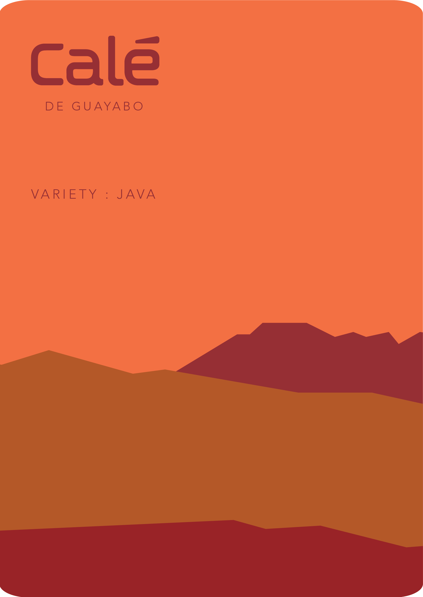 Etiqueta de café "Calé de Guayabo", variedad Java, con diseño de montañas en tonos marrones y fondo naranja.