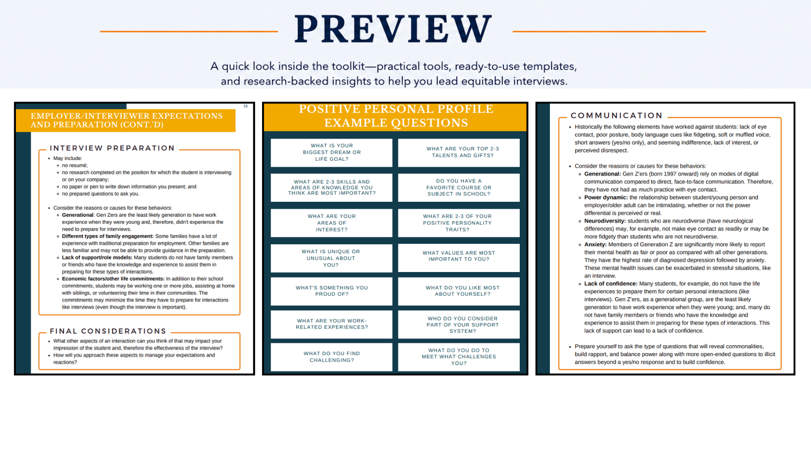 A preview image of a hiring toolkit with sections on interview preparation, positive personal profile questions, and communication strategies. The layout includes headlines, bullet points, and example questions for interview and assessment guidance.