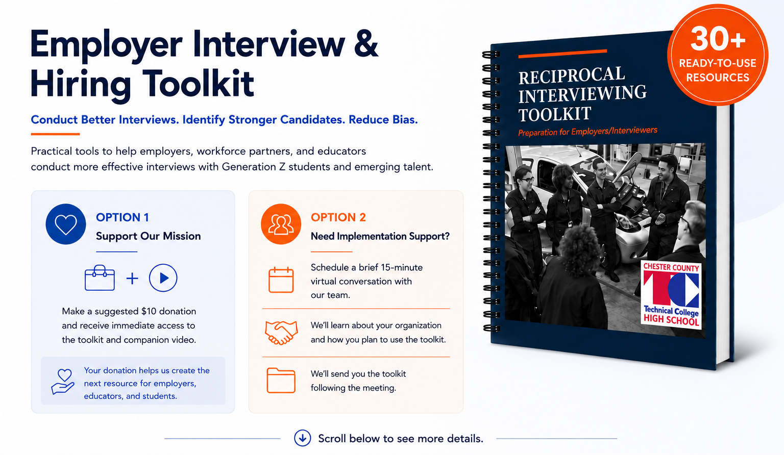 A promotional image for an employer interview and hiring toolkit, featuring a spiral-bound book titled "Reciprocal Interviewing Toolkit" with a black-and-white photo of a group of people in a professional setting, and a red circular badge indicating "30+ Ready-to-Use Resources."