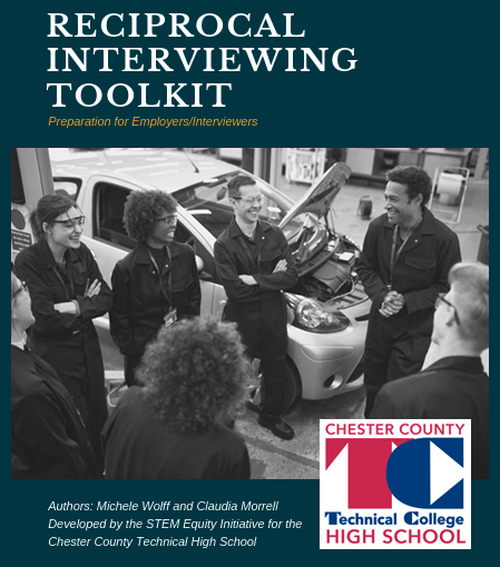Cover of a booklet titled 'Reciprocal Interviewing Toolkit' with a subtitle 'Preparation for Employers/Interviewers'. The image shows five people standing outside near a car, engaged in a discussion. The booklet is associated with Chester County Technical College High School and created by Michele Wolff and Claudia Morrell.