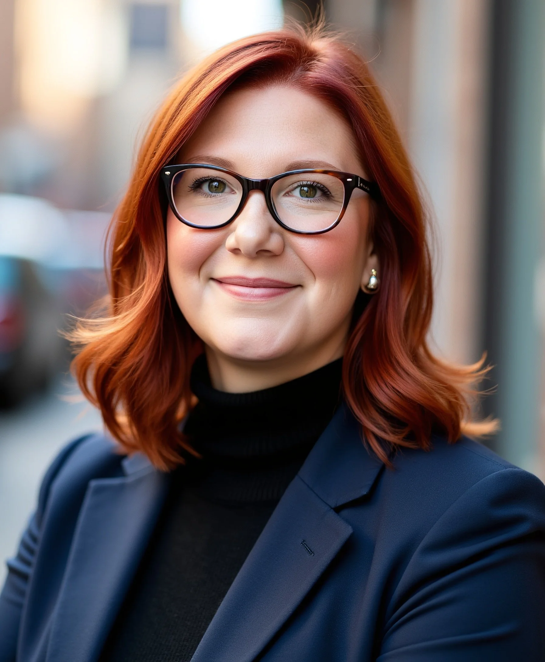 Close-up of a smiling woman with red hair, wearing black-rimmed glasses, a black top, and a navy blazer, standing outdoors with a blurred urban background.