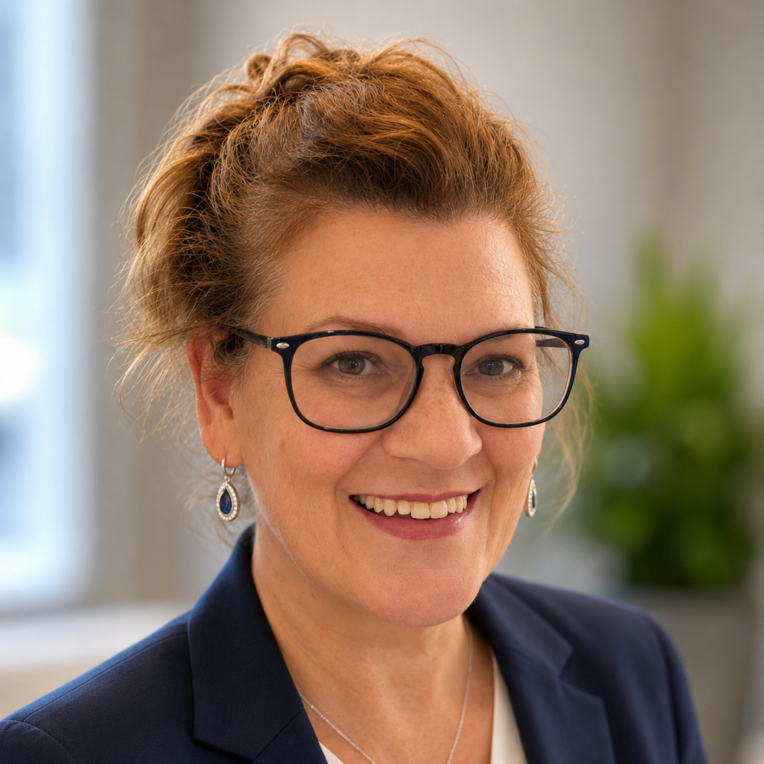 A woman with short, curly red hair wearing glasses, earrings, and a navy blazer, smiling indoors with a blurred background.