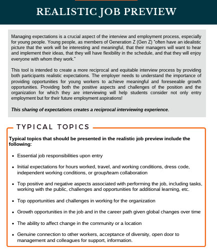 A document titled "Realistic Job Preview" discussing the importance of managing expectations in interviews, especially for young people, with a section titled "Typical Topics" listing key points like job responsibilities, expectations, challenges, opportunities, growth, and genuine connections in the workplace.