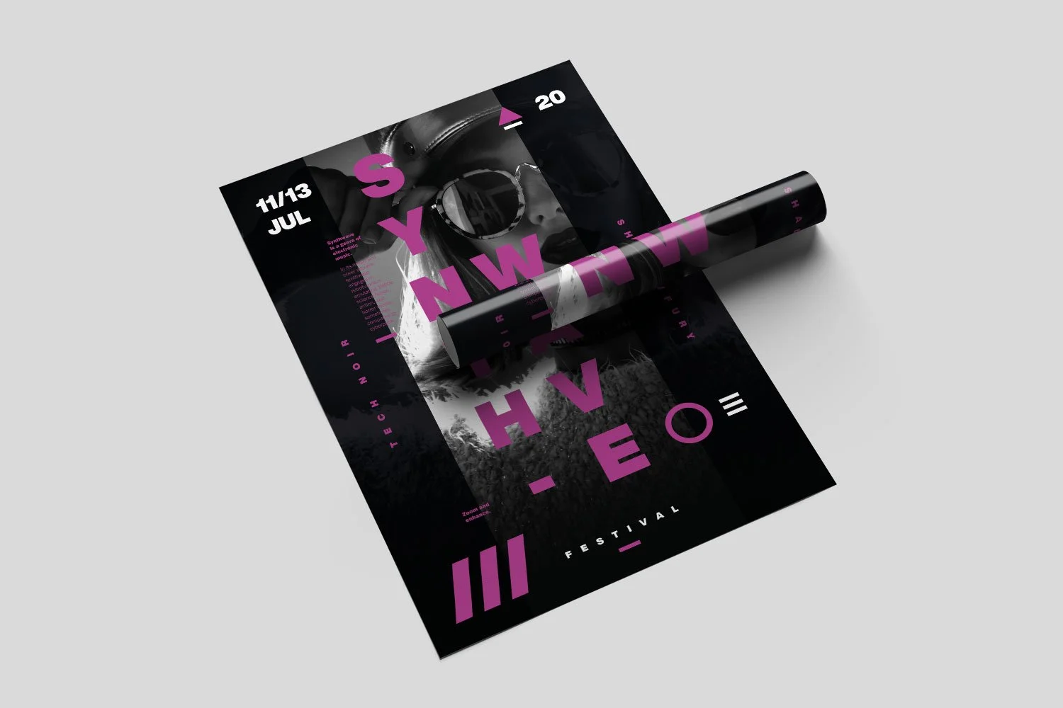 A modern, black and purple flyer for a music festival featuring a model with sunglasses, surrounded by mountainous scenery, with bold purple and white text displaying dates and event details.