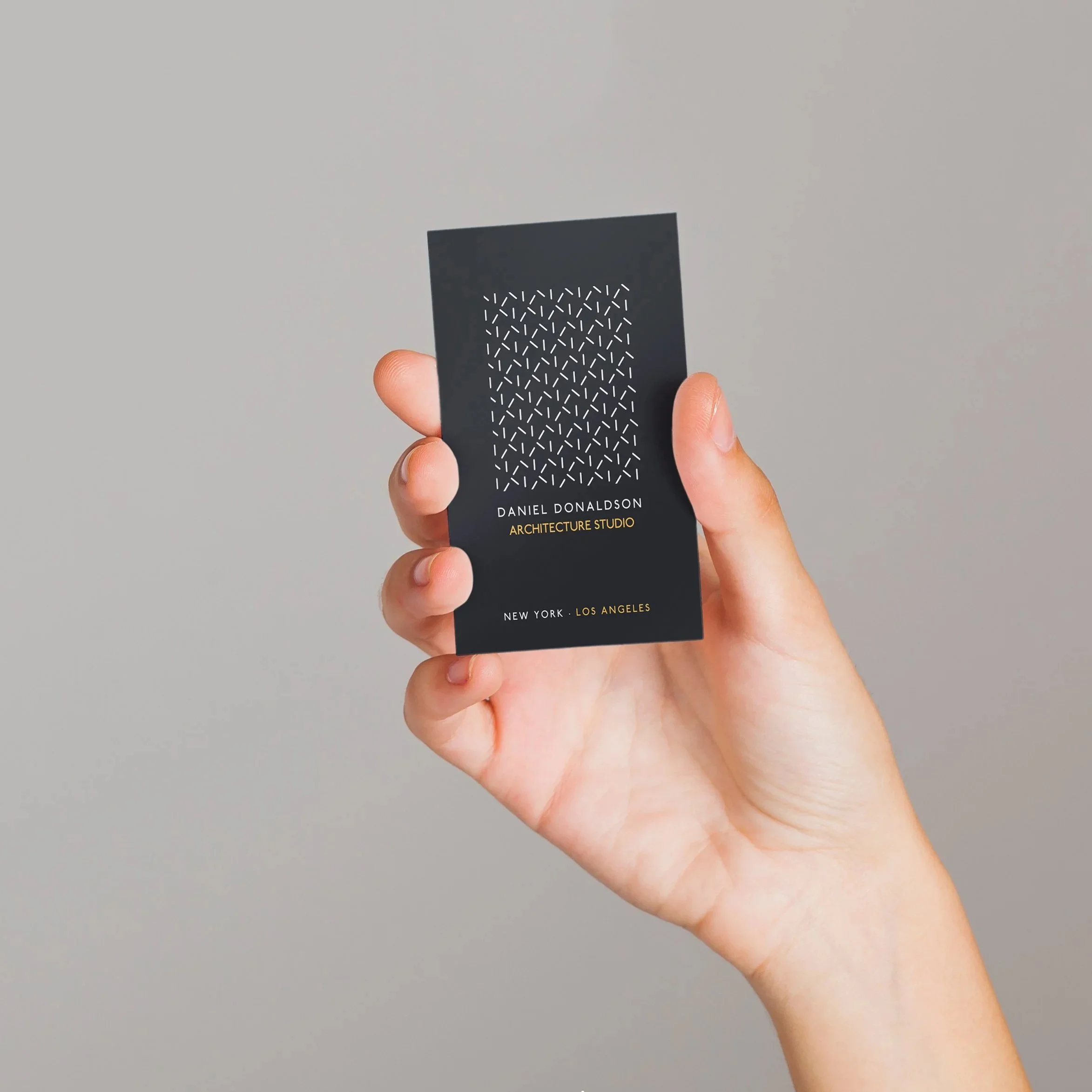 Hand holding a black business card with white geometric pattern and gold and white text reading 'Daniel Donaldson Architecture Studio' against a plain light gray background.