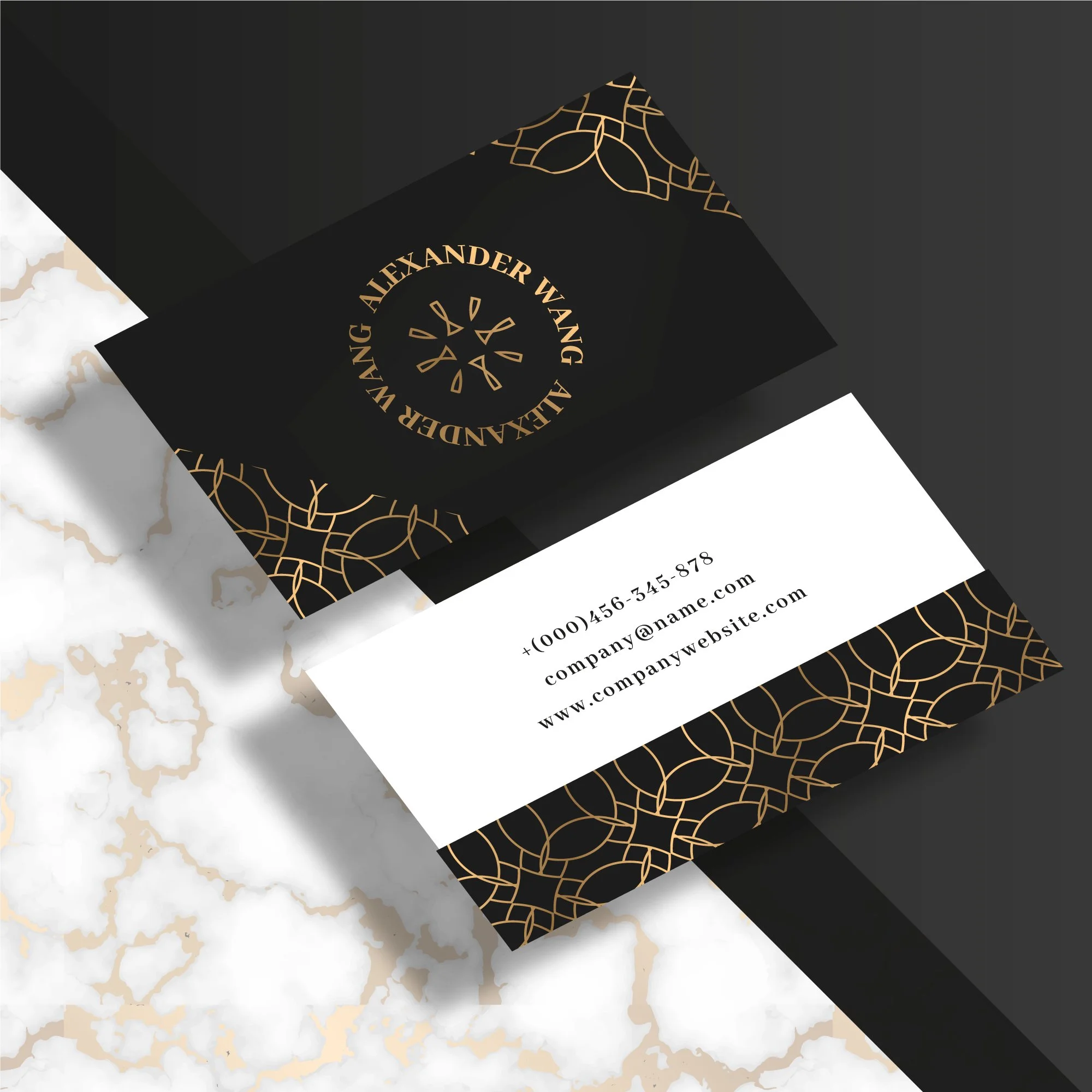 Business card with black background, gold geometric patterns, and gold circular text reading 'Alexander Wang Australia'.