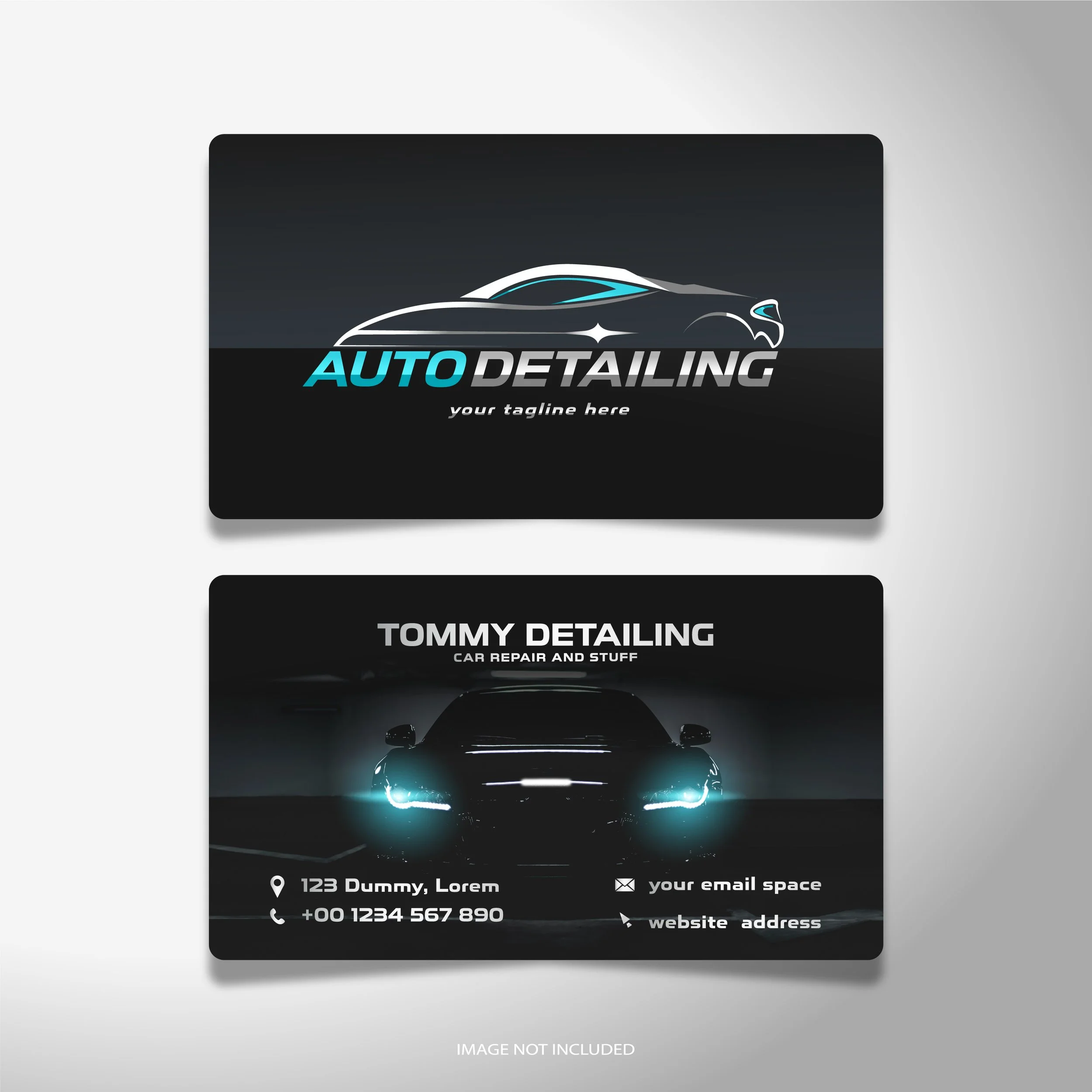 A digital business card for an auto detailing service featuring a sleek car outline, futuristic font, and contact information.