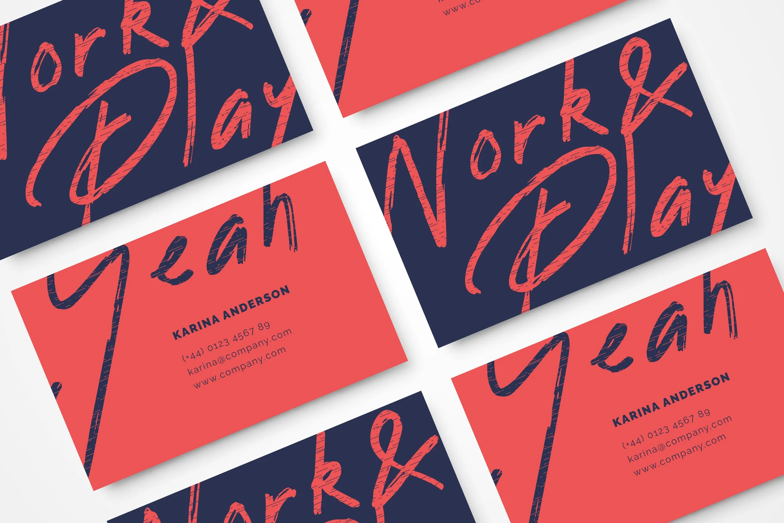 Stacked business cards with navy and red colors, featuring cursive text and contact information.