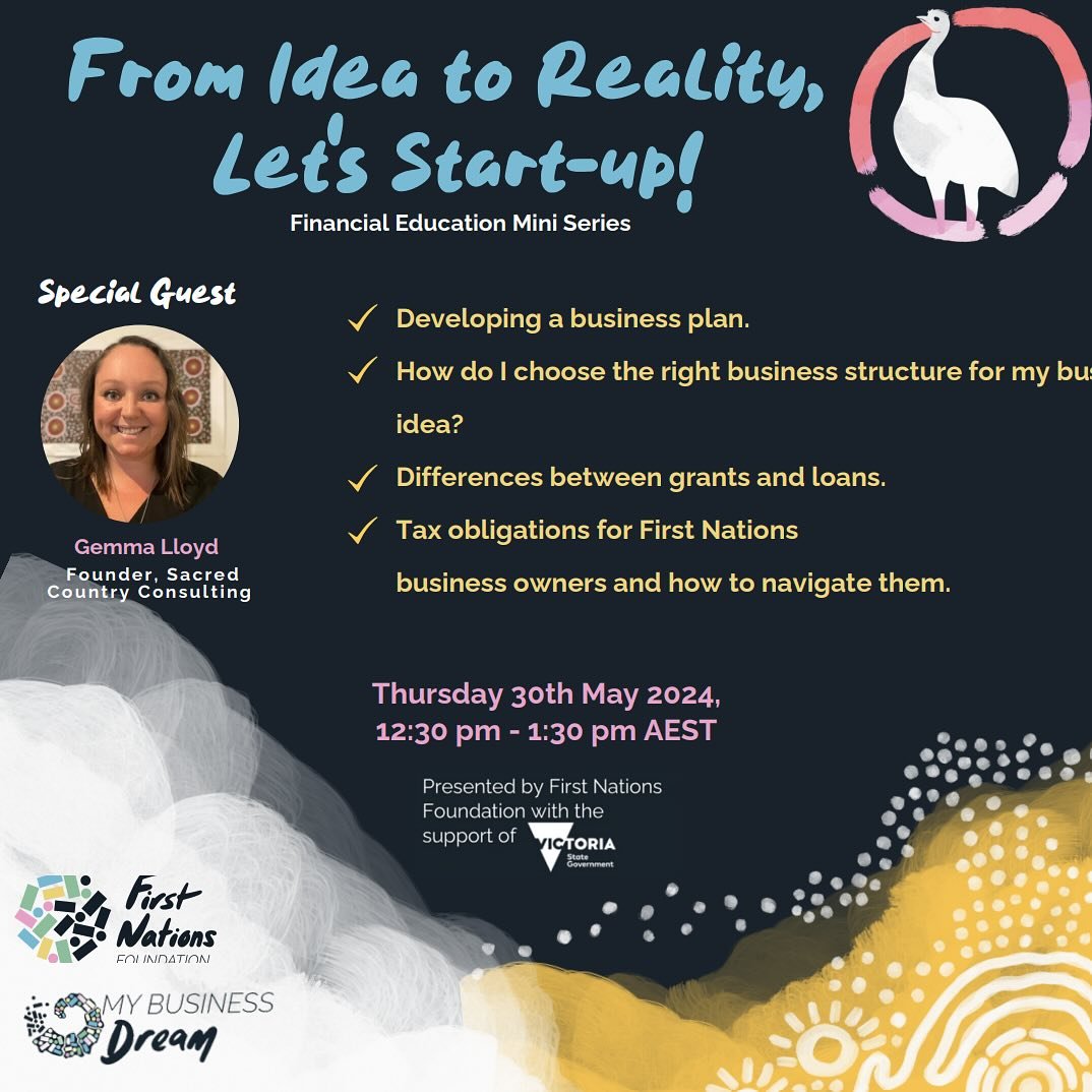 Exciting News!! 

I&rsquo;ve been invited by First Nations Foundation to present at the second webinar in their Business Finance Education Mini Series! ✨

📅 Webinar Details:
🗓️ Date: 30th May 2024
⏰ Time: 1230-1330
📍 Location: Online (Register via
