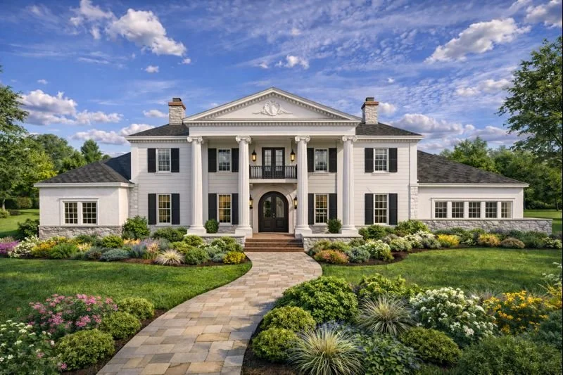 Option A: Contemporary Cool ⬛
This version is all about the now. It features a sleek, flat roofline, floor-to-ceiling windows that blur the line between inside and out, and a warm mix of wood and stone textures. It&rsquo;s clean, bold, and perfectly 