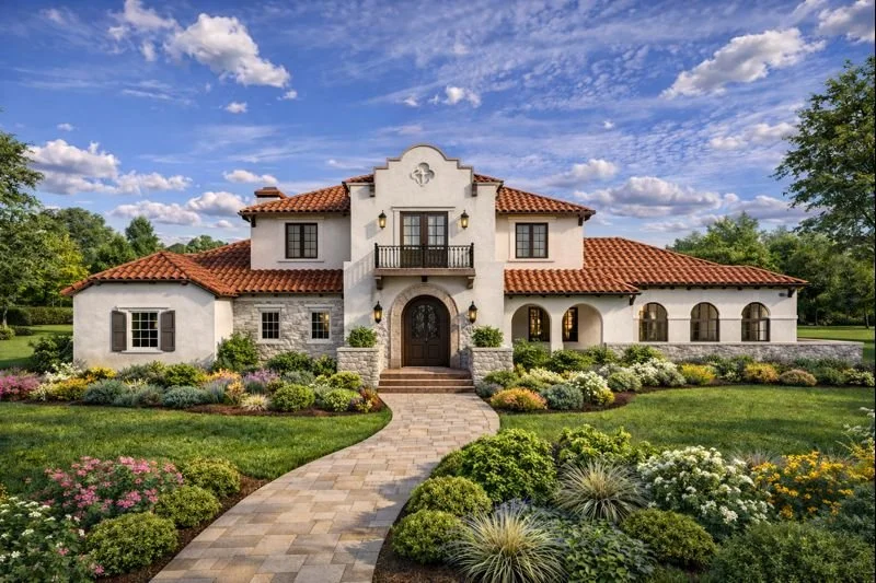 The Great Facade Face-Off: Greek vs. Spanish Revival
Option A: Greek Revival 🏛️ This look is all about symmetry, power, and timeless elegance. With those towering Ionic columns, a bold pediment, and crisp white siding, it feels stately and historic.