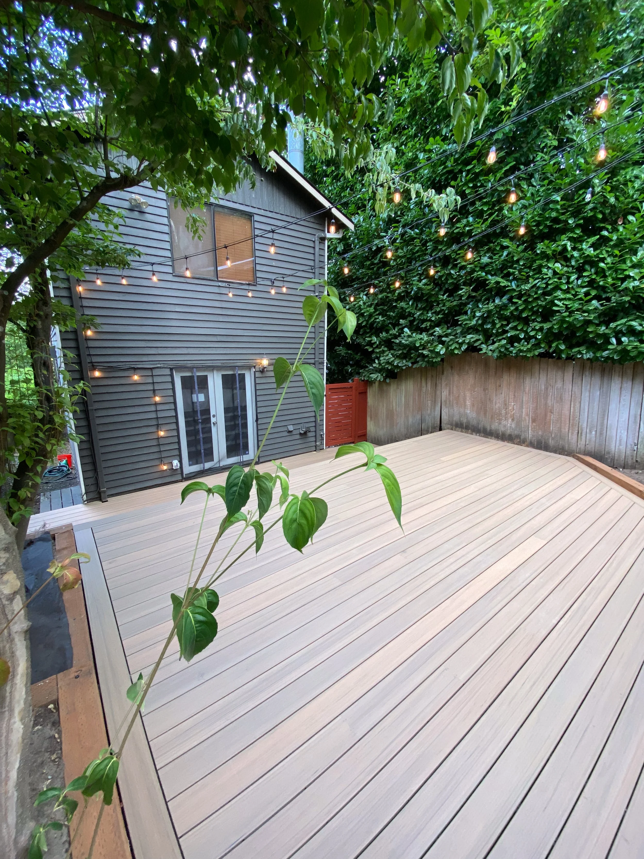 A backyard with a newly built light-colored wooden deck, surrounding a gray house with string lights hanging above, a tall green tree with dense foliage, and a wooden privacy fence.