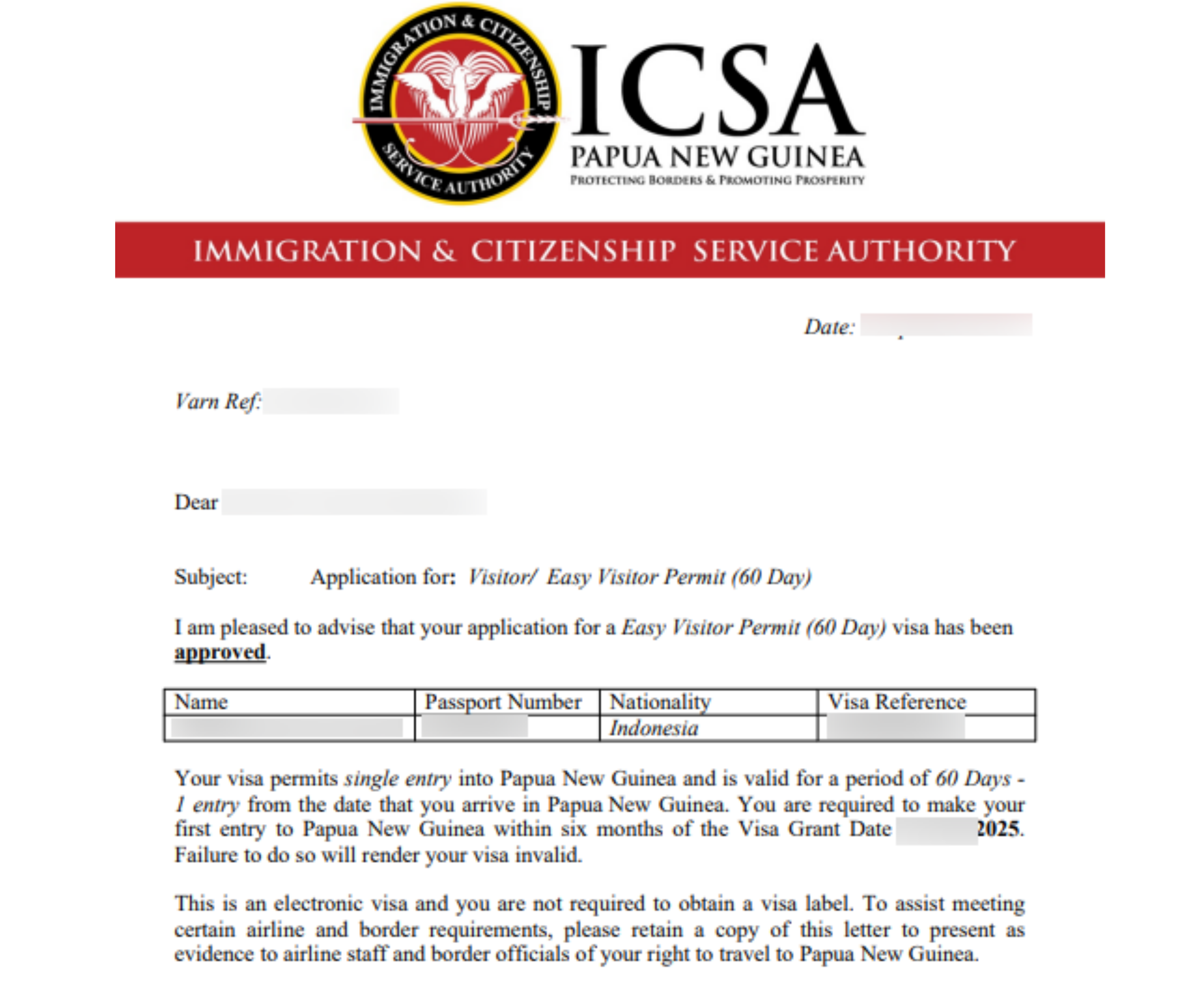 Papua New Guinea Single Entry Visitor Visa