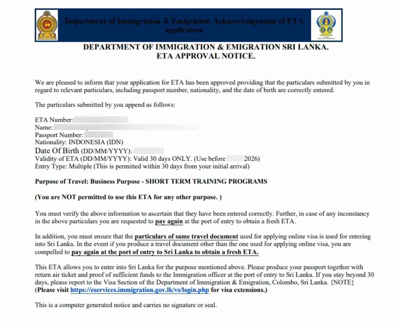 Sri Lanka Tourist Electronic Travel Authorization (ETA)