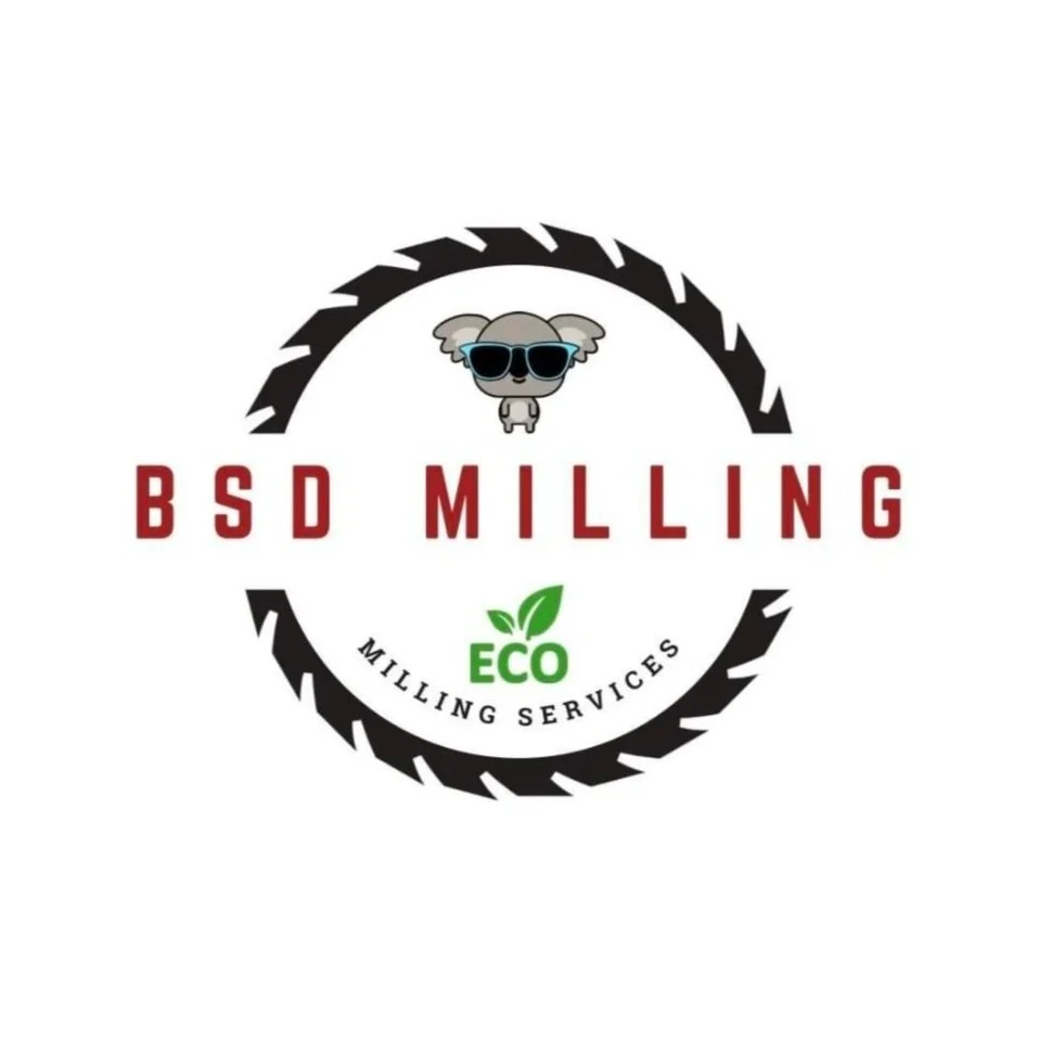 Logo for BSD Milling with a Koala wearing sunglasses at the top, a circular saw blade forming the border, green leaves with the word 'ECO' in the center, and 'Milling Services' written underneath.
