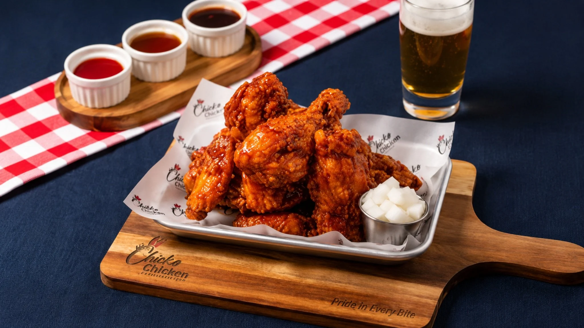 Korean fried chicken flavors served with dipping sauces and pickled radish