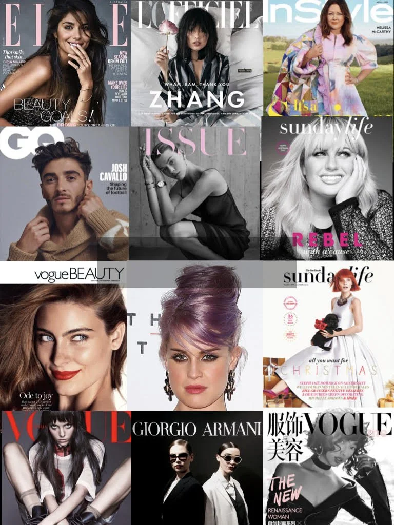 Collage of magazine covers featuring models, celebrities, and fashion icons, including Elle, L'Officiel, InStyle, GQ, Issue, Sunday Life, Vogue Beauty, Vogue, and Giorgio Armani, with various poses, hairstyles, and outfits.